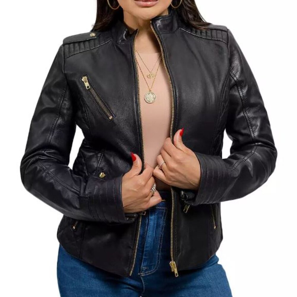 NWT New Quilted Moto Leather Jacket Women Medium